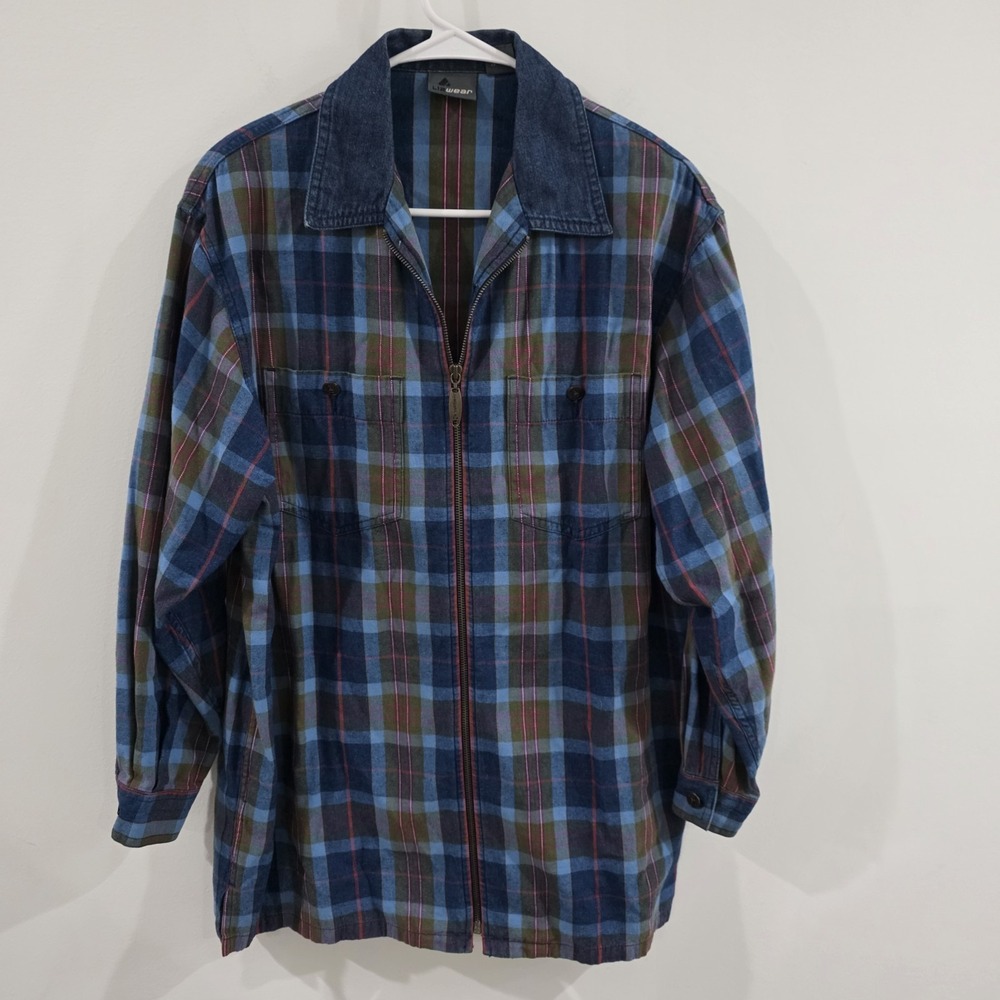 Vintage Womens Zip Up Flannel Top Size Small Denim Trim Retro 90S Outdoor